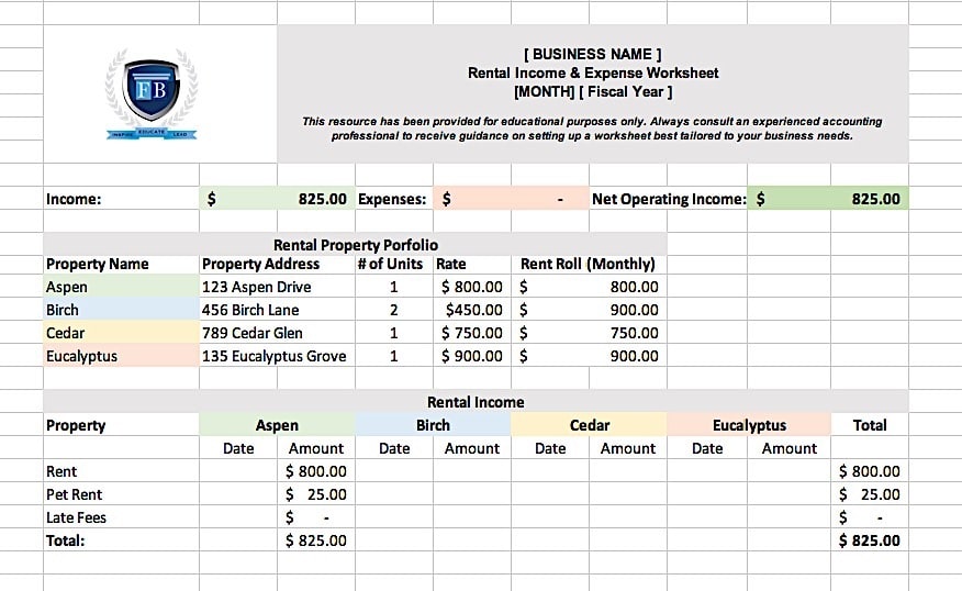 Rental property expense worksheet