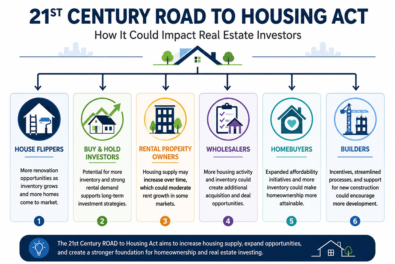21st Century ROAD to Housing Act infographic illustrating the potential impact of the housing bill on real estate investors, homebuyers, rental property owners, and builders.